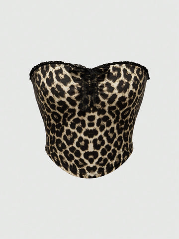 Women's Summer Leopard Print Pleated Asymmetrical Hem Bandeau Top