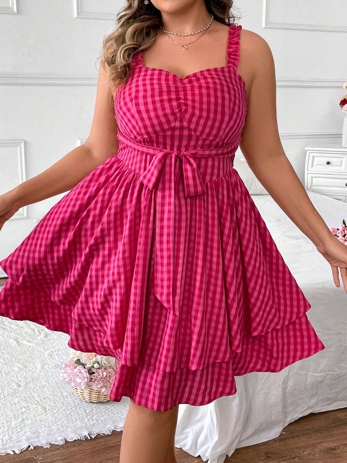 Plus Size Women's Fashionable Plaid Spaghetti Strap Dress