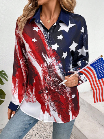 Summer USA Flag  Semi-Sheer Chiffon Sun Protection American Flag Print Women's Shirt For Independence Day