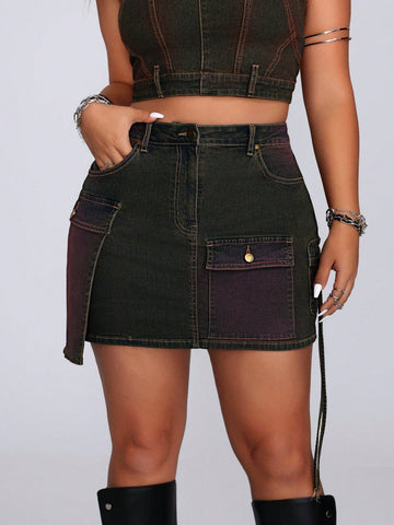 Plus Size Women's Simple Solid Color Daily Denim Skirt