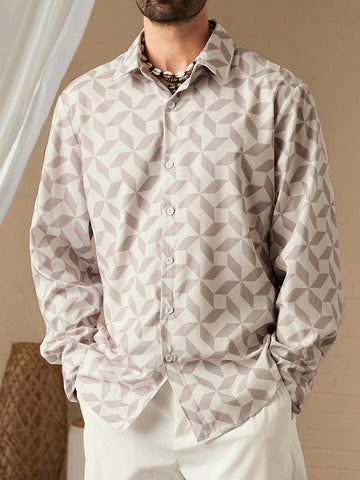 Men Spring/Summer Geometric Printed Long Sleeve Casual Loose Shirt