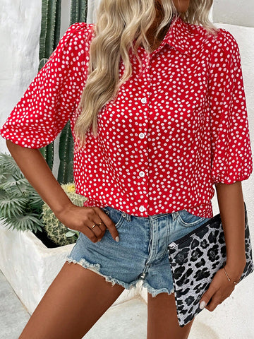 Holiday Leisure Lantern Sleeve Shirt With Small Floral Print