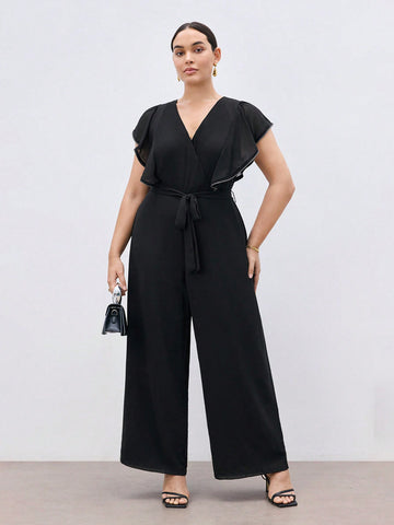 Plus Size Solid Color V-Neck Jumpsuit With Ruffle Trim For Summer