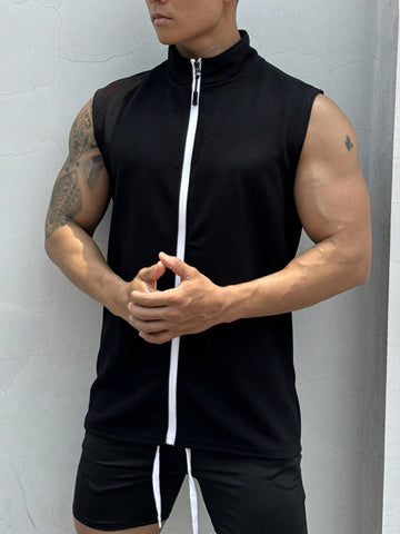 Men's Summer Solid Color Zipper Front Stand Collar Casual Sports Top