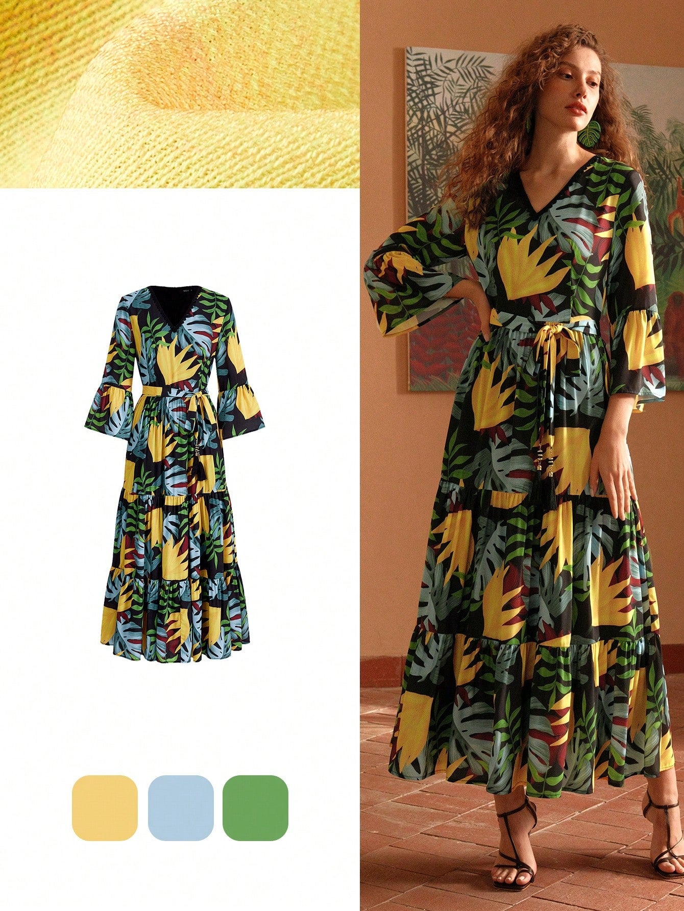 TROPICAL PRINT BELL SLEEVE TIERED HEM DRESS