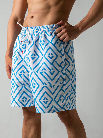 Men's Summer Allover Print Drawstring Casual Beach Shorts With Pockets