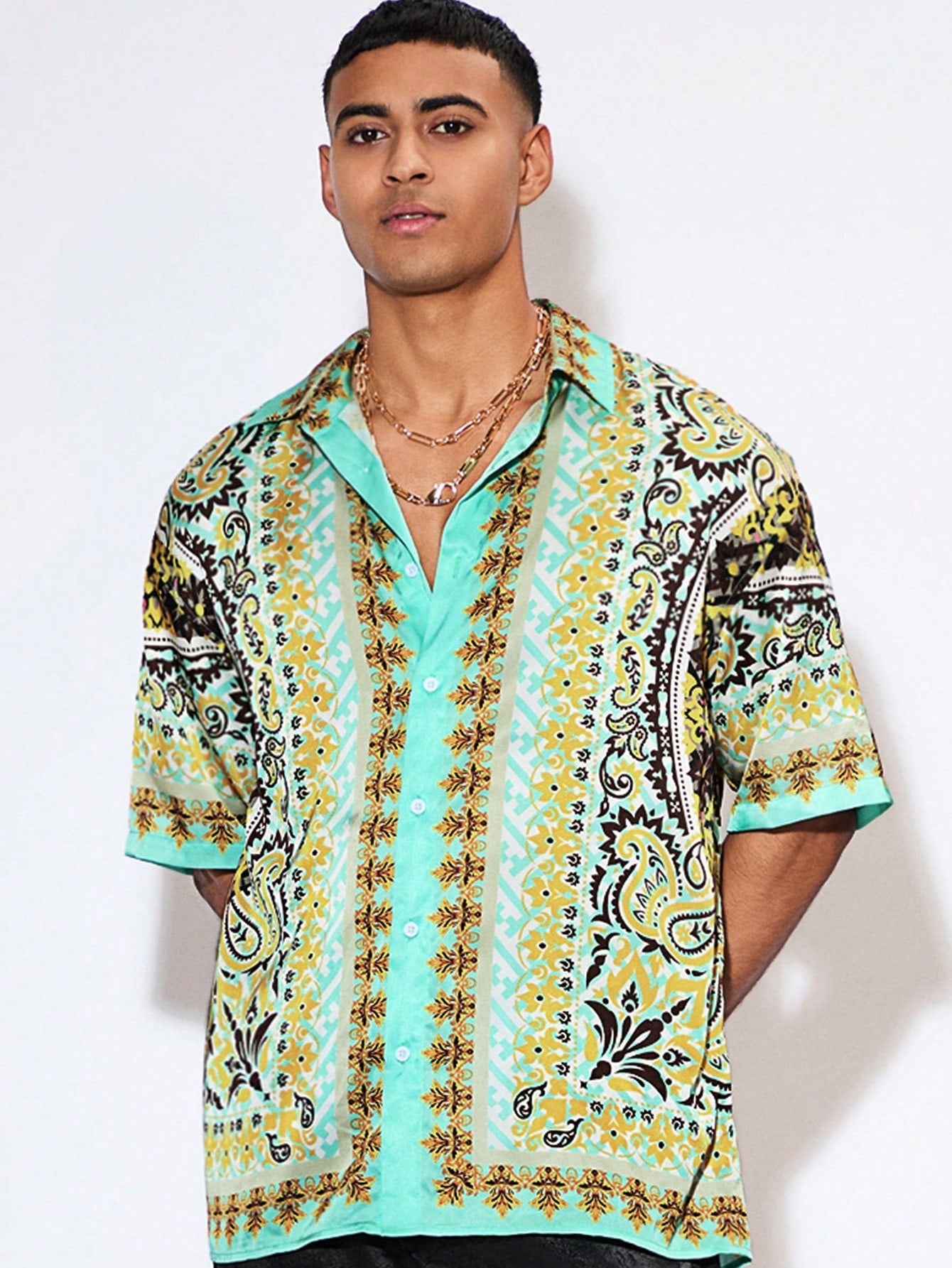 Men's Festival Clothing Music Festival Spring/Summer Short Sleeve Collared Woven Shirt With Paisley Print