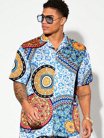 Fashion Men Clothes: Lavish Party Club Paisley Floral Pattern Woven Leisure Turn-Down Collar Short Sleeve Slim Fit Shirt