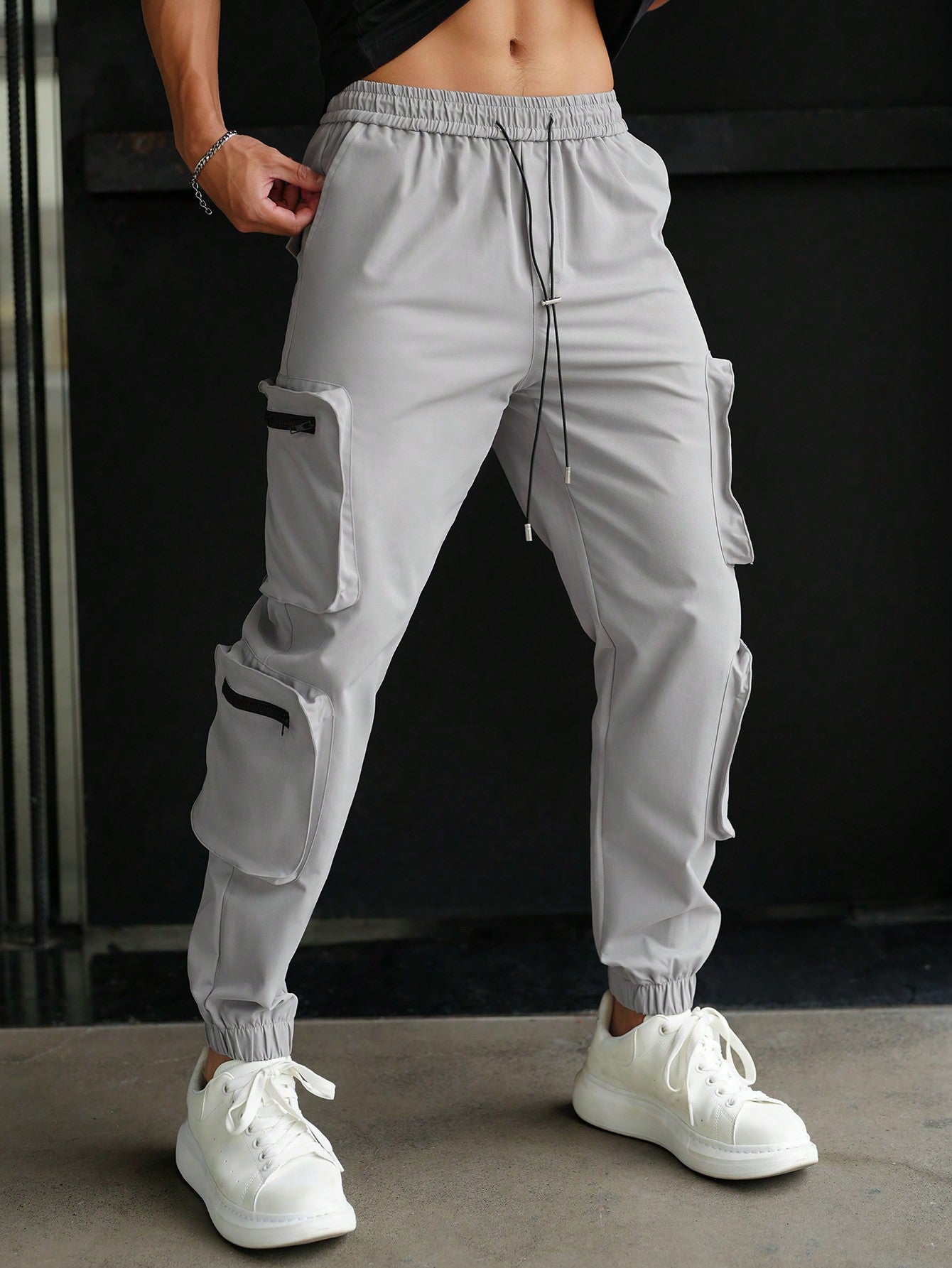 Men's Solid Color Drawstring Waist Pants With Pockets And Elastic Cuffs