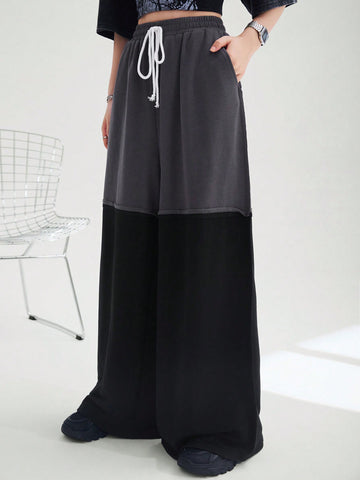 Street Style Cool & Versatile Ladies Contrast Patchwork Low Waist Wide Leg Loose Fit Pants