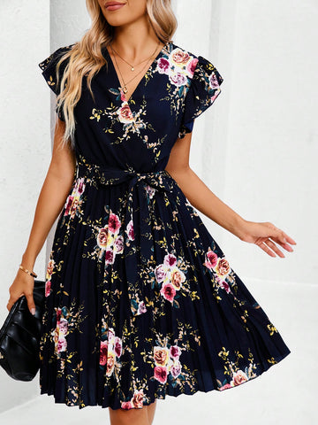 Women's Fashionable Elegant Printed Cap Sleeve Pleated Dress For Summer