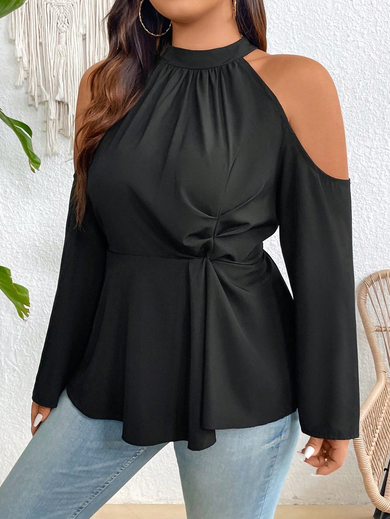 Plus Size Halterneck Solid Color Smocked Waist Halter Neck Vacation And Casual Blouse