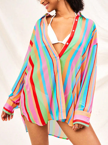 WYWH Women Beach Style Colorful Stripe Print Sunscreen Loose Casual Chiffon Shirt