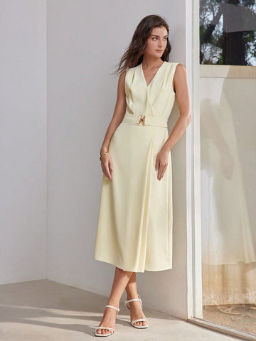 SOLID SURPLICE NECK BELTED DRESS