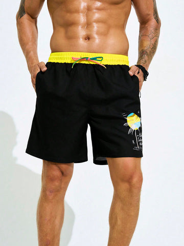 Men Coconut Tree Printed Colorblocking Drawstring Waist Beach Shorts For Vacation And Leisure