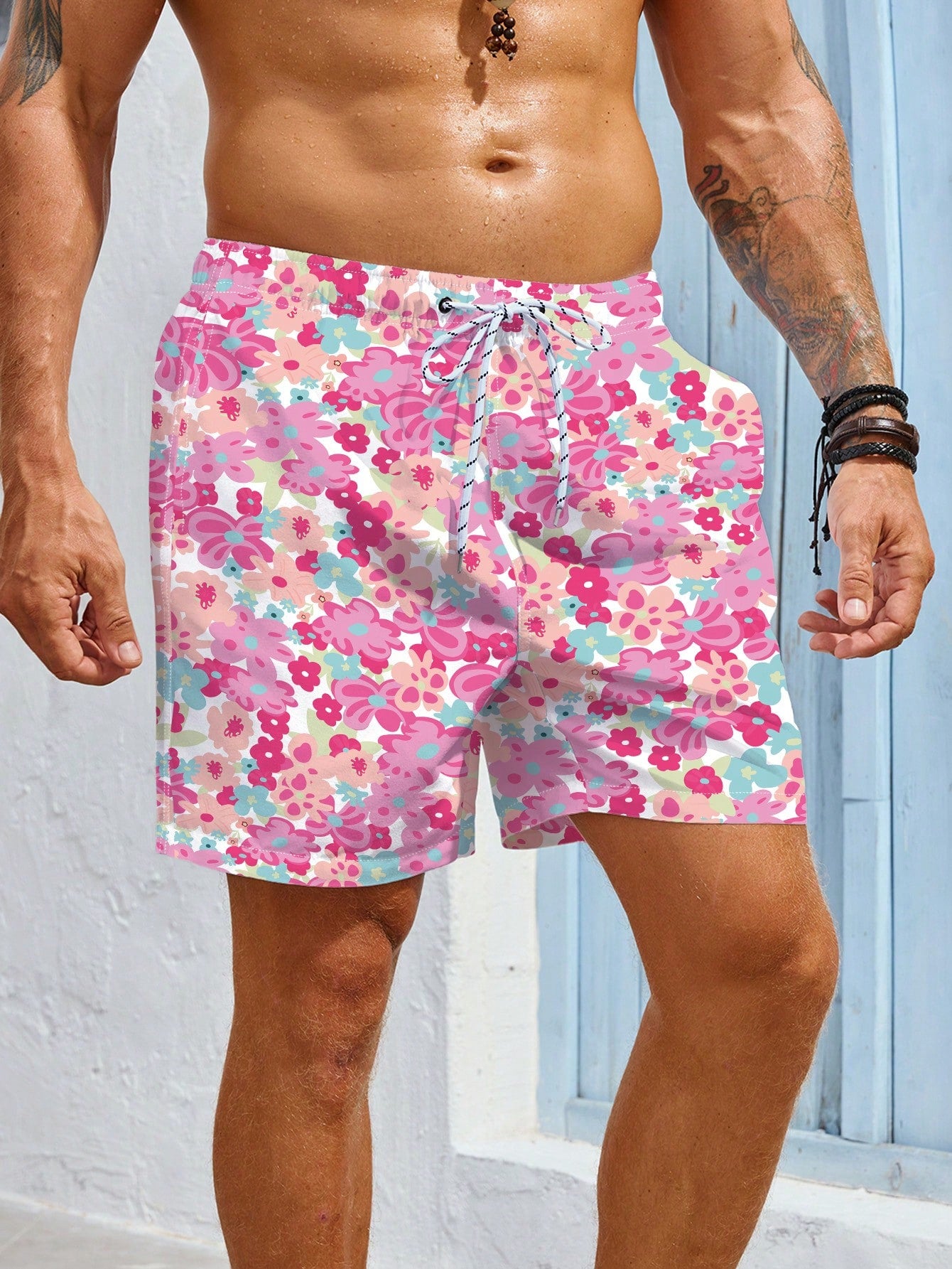 Men's Floral Print Drawstring Waist Beach Shorts, Vacation Leisure