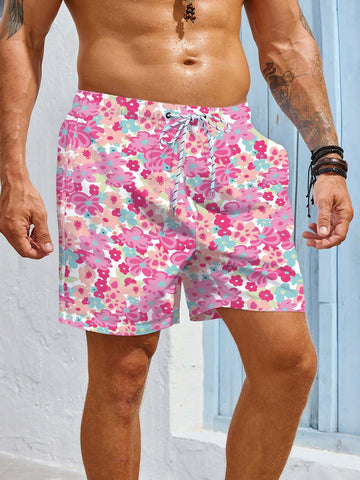 Men's Floral Print Drawstring Waist Beach Shorts, Vacation Leisure