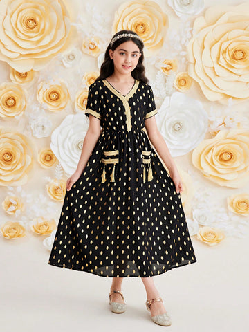 Tween Girl Elegant Summer Long-Sleeved Dress With Gold Foil Print And Woven Belt