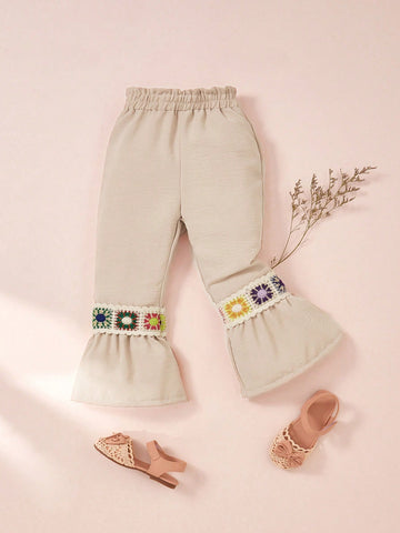 Young Girls' Comfortable Crochet Floral Detail Mexican Children's Day Vacation Flare Leg Long Pants