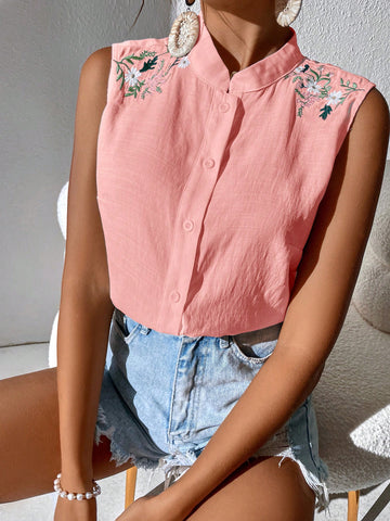 Women's Fashionable Sleeveless Shirt With Embroidered Flowers