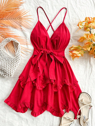 Women Vacation Spaghetti Strap Dress With Knotting, Ruffle Hem, Open Back