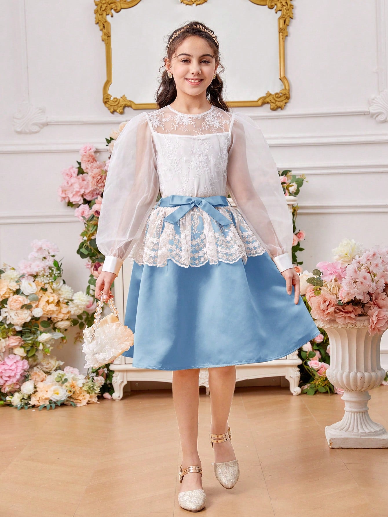 Tween Girl Round Neck Lantern Sleeve Mesh Embroidery Shirt With Detachable Belt & Skirt Set