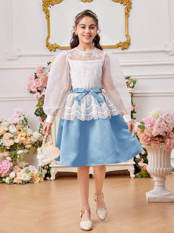 Tween Girl Round Neck Lantern Sleeve Mesh Embroidery Shirt With Detachable Belt & Skirt Set