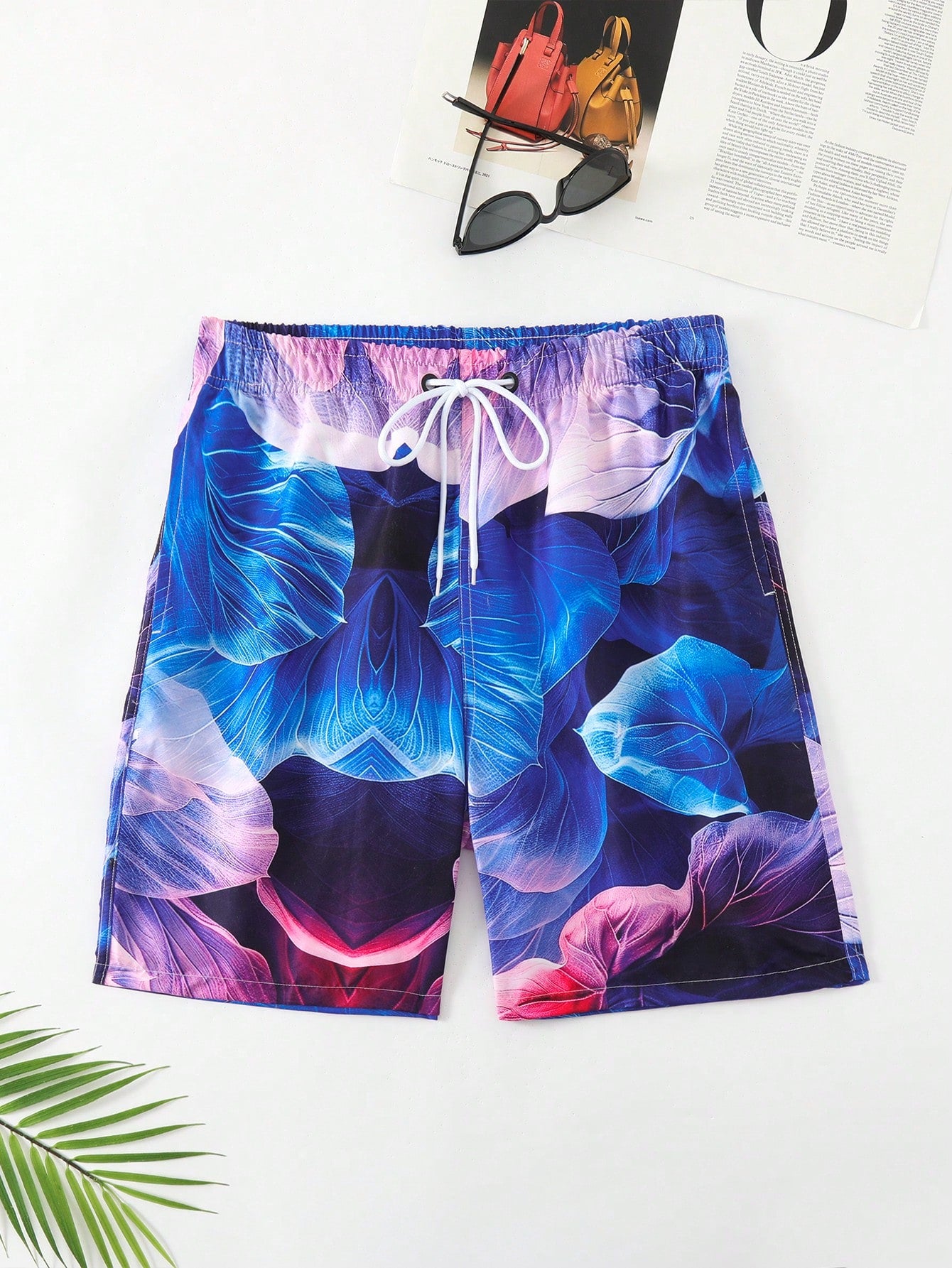 Men's Flower Printed Beach Shorts With Drawstring Waist, Perfect For Vacation