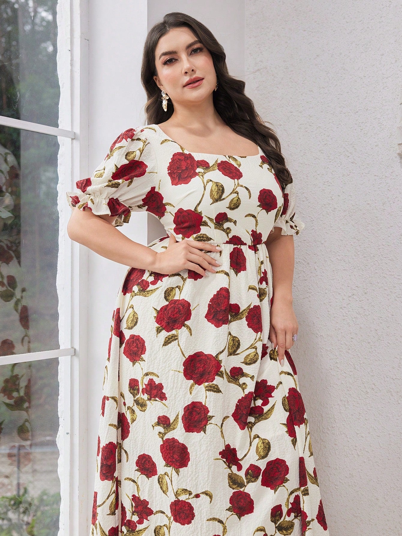 Plus Size Elegant Rose Printed Puff Sleeve Dress For Summer