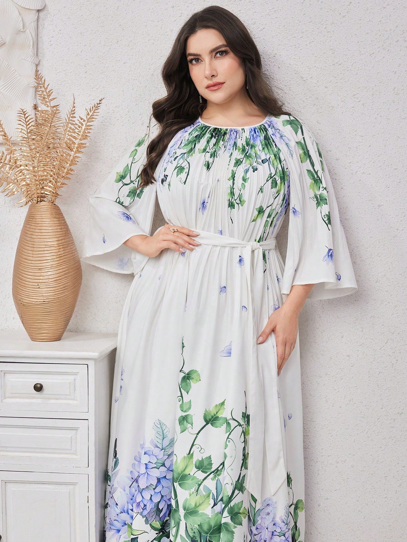 Plus Size Summer Elegant Floral Printed Pleated Bell Sleeve Long Dress