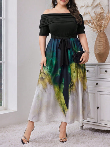 Plus Size Elegant Tie-Dye Off-Shoulder Empire Waist Dress For Summer