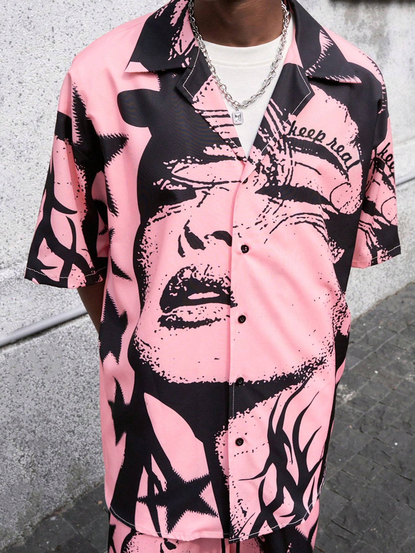 Men Stylish Short Sleeve Streetwear Pink Men Shirt With Character & Star Print For Spring/Summer