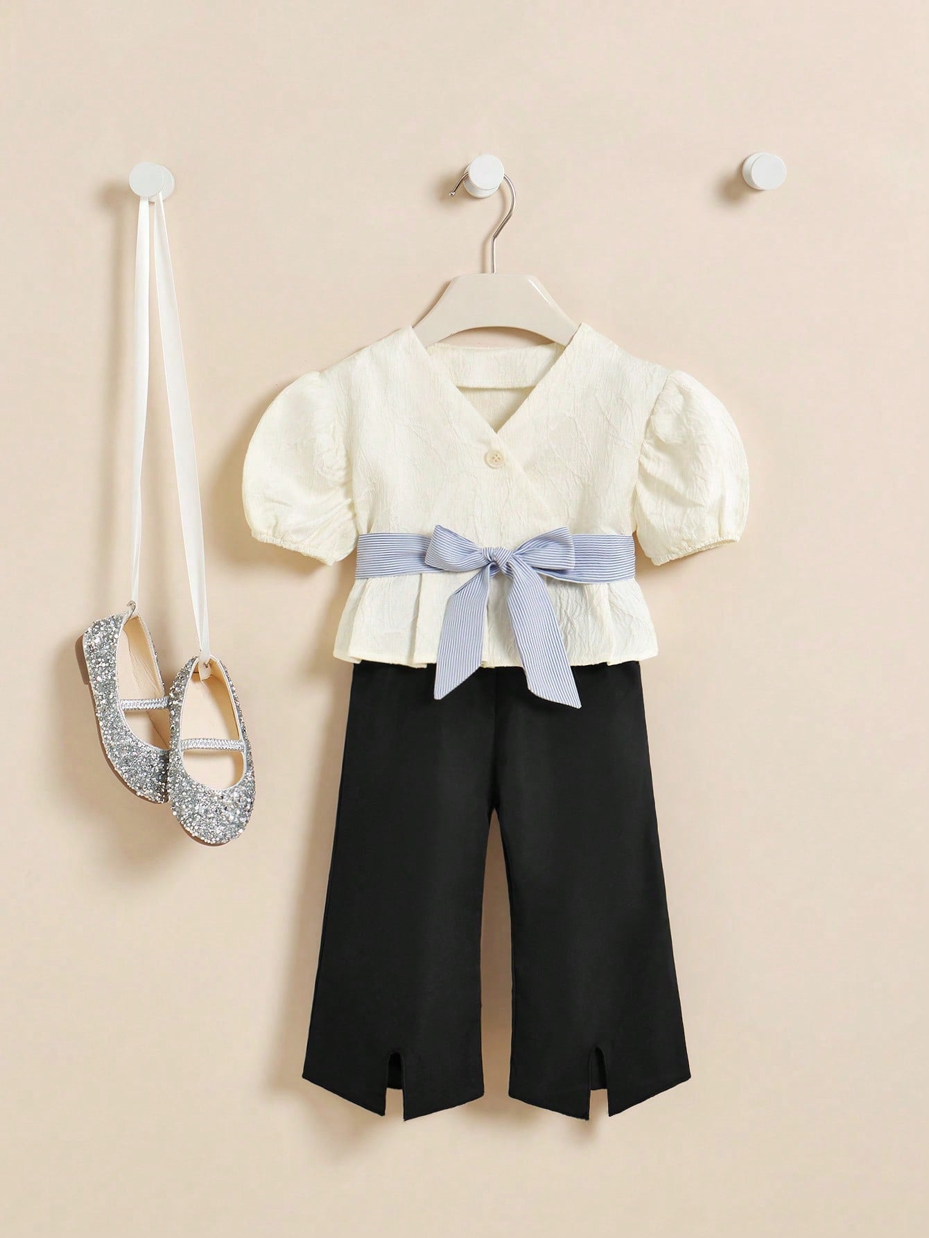 Baby Girl Elegant Bubble Sleeve Diagonal Placket Top With Split Hem Design Pants