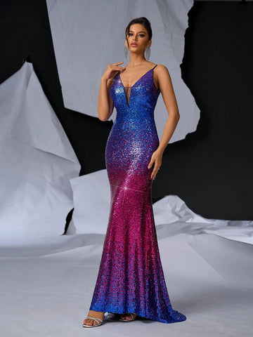 Elegant & Gorgeous Sexy Shoulder Strap V-Neck Color Gradient Sequined Slit Mermaid Dress With Glitter For Formal Evening Party