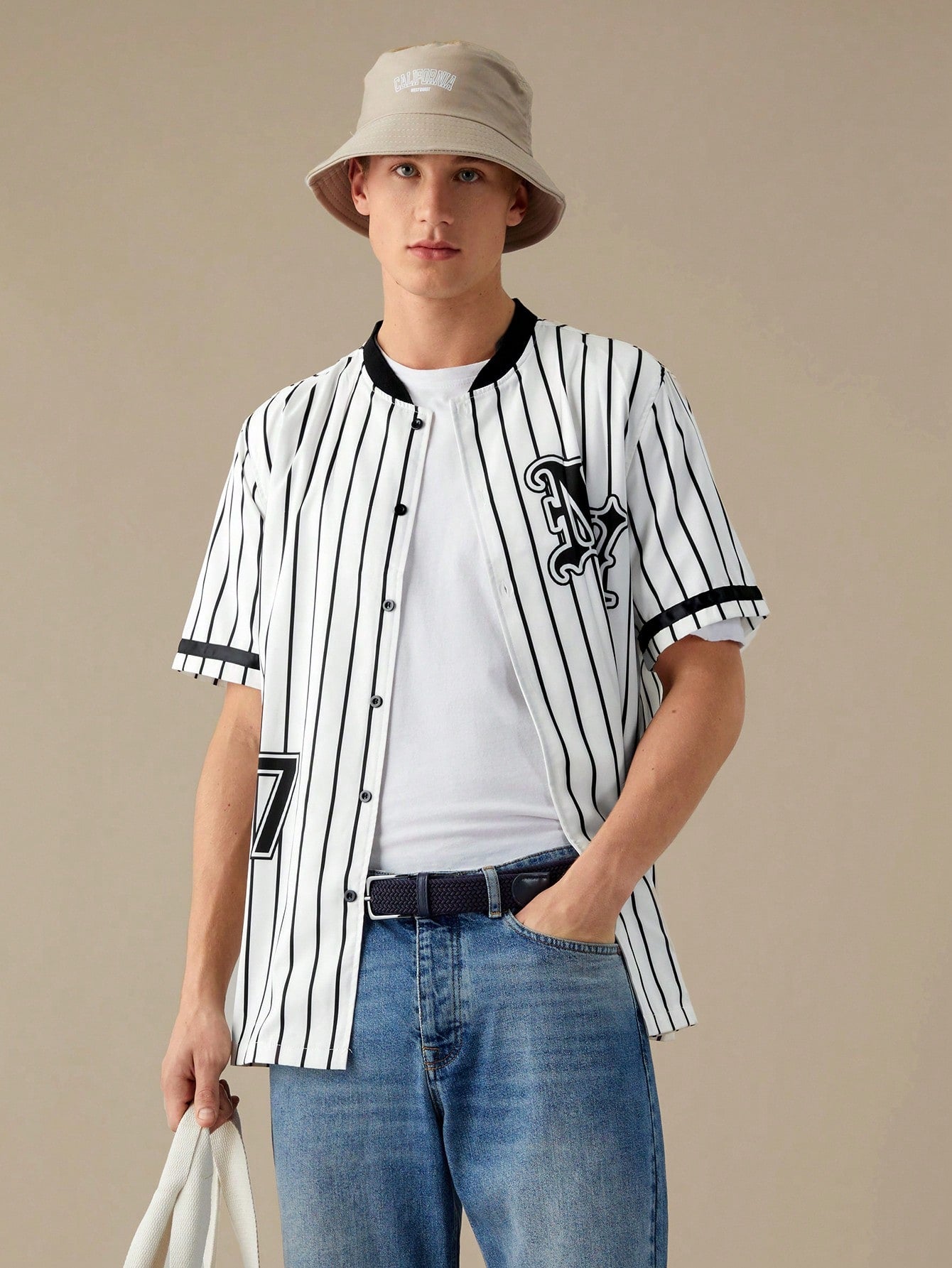 Men's Short Sleeve Woven Shirt With Letter Print And Stripes