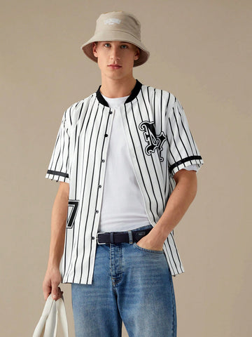 Men's Short Sleeve Woven Shirt With Letter Print And Stripes