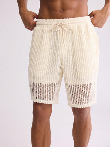 Men's Wide Crochet Short With Elasticated Waist In Apricot