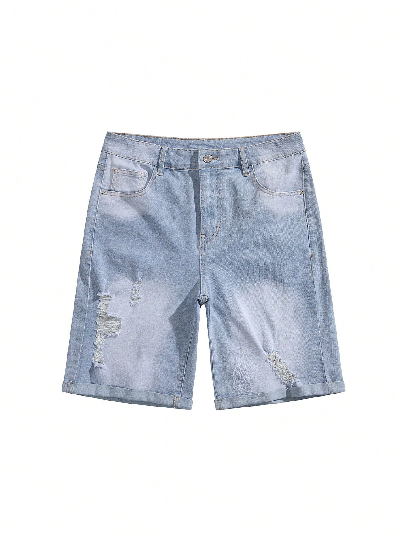 Men's Summer Zipper Fly Distressed Denim Shorts With Pockets, Casual Style