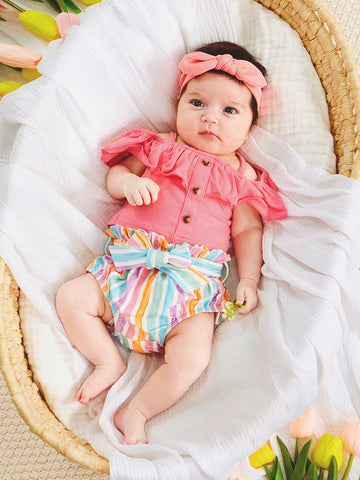 Newborn Baby Girl Summer Knitted Solid Color Off-Shoulder Top With Ruffles, Elastic Waist Striped Belt Shorts Set Suitable For Summer