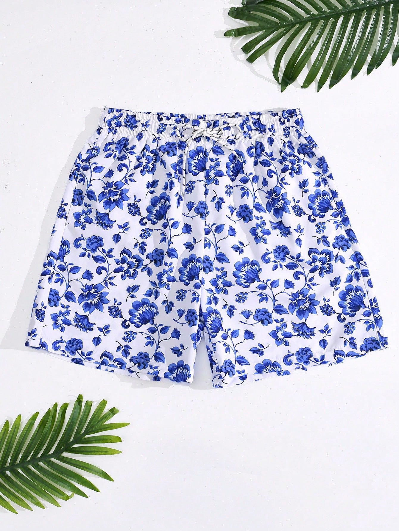 Men's Summer Holiday Floral Print Drawstring Waist Beach Shorts