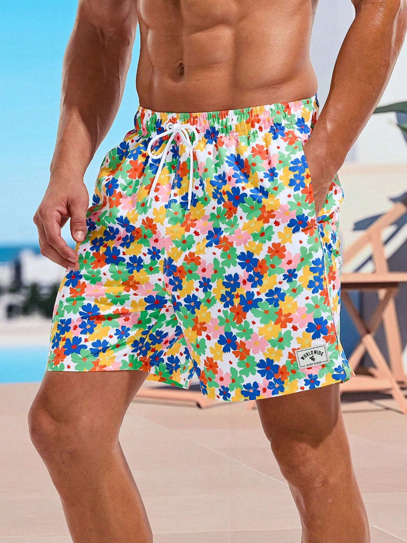 Men's Floral Print Beach Shorts With Drawstring Waist, Loose Fit