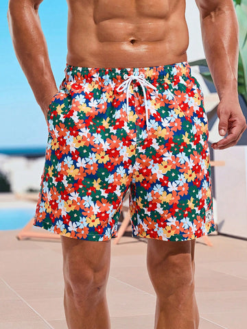 Men's Floral Printed Drawstring Casual Beach Shorts