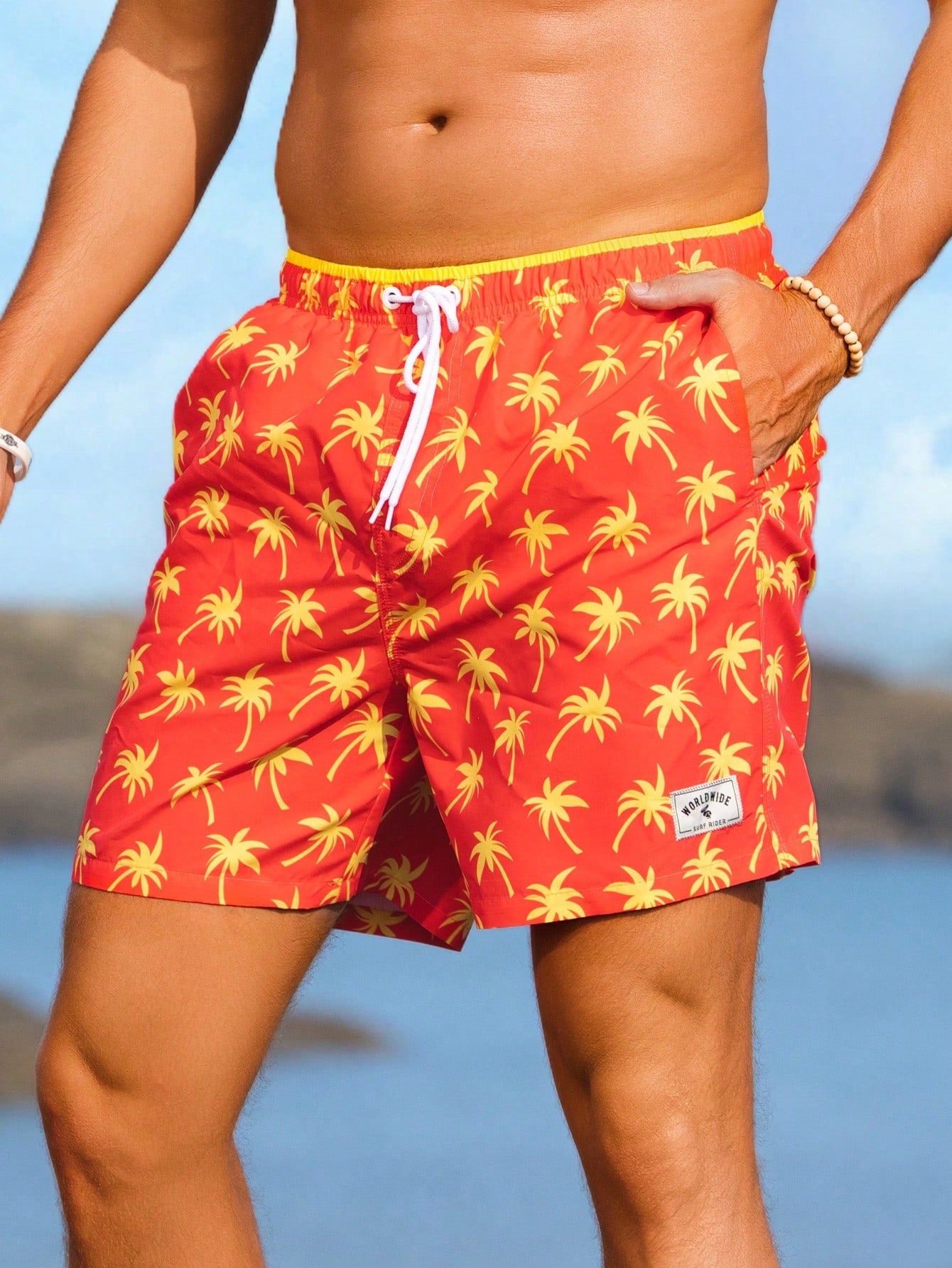 Men's Stripe Printed Drawstring Casual Beach Shorts