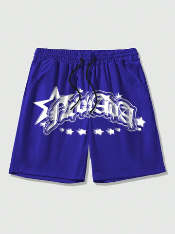 Men's Star & Letter Print Drawstring Waist Shorts, Summer