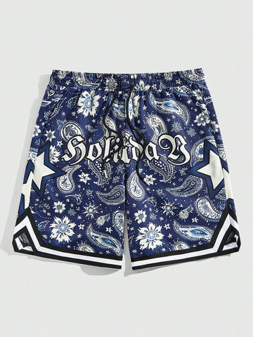 Men's Slogan Printed Shorts, Suitable For Daily Wear In Spring And Summer