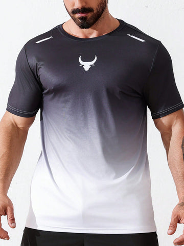 Men Gradient Color Round Neck Short Sleeve Sport T-Shirt