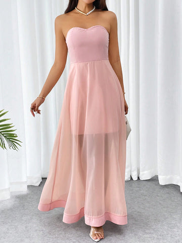 Women's Strapless Mesh Splice Long Elegant Dress With Sheer Detailing, Suitable For Evening Party & Valentine's Day