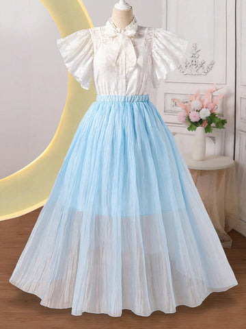 Teen Girl Summer Elegant Floral Pattern Blouse And Long A-Line Skirt Set, Suitable For Vacation, Party And Daily Commute