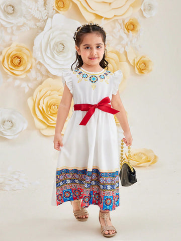 Young Girl Retro Round Neck Short Sleeve A-Line Dress With Shirred Waist For Summer