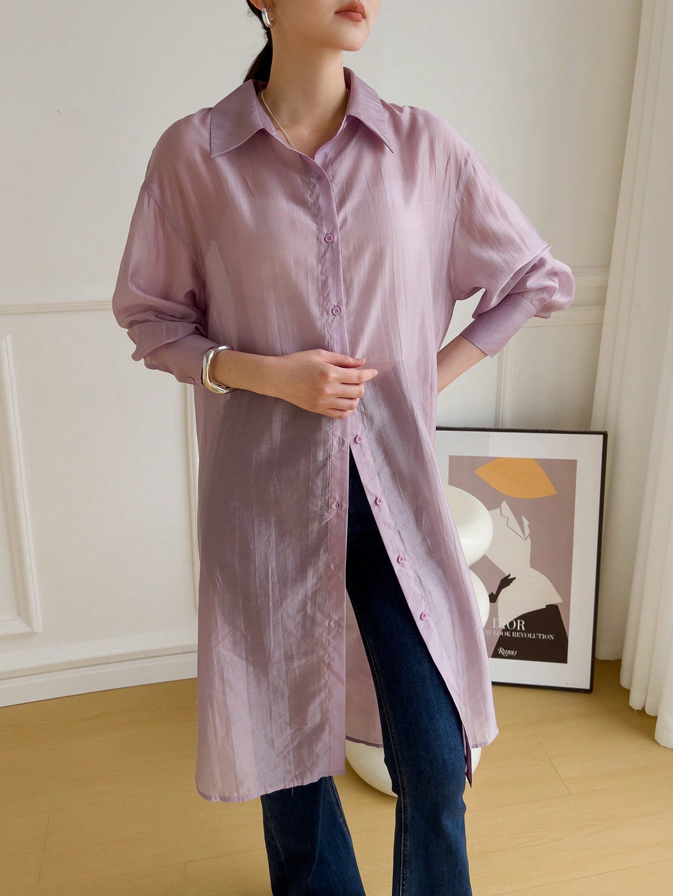 Women's Solid Color Casual Long Sleeve Long Shirt, Front Button Fastening, Summer